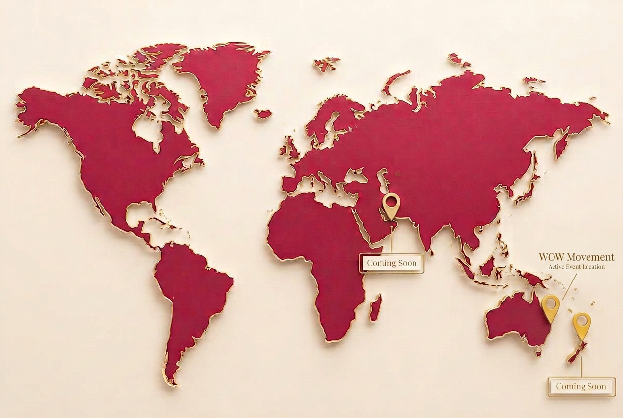 World map showing WOW events coming to areas around the globe